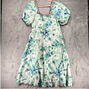 Johnny Was Workshop Size Large Jade Marble Tie-Die Midi Dress Embroidered Boho
